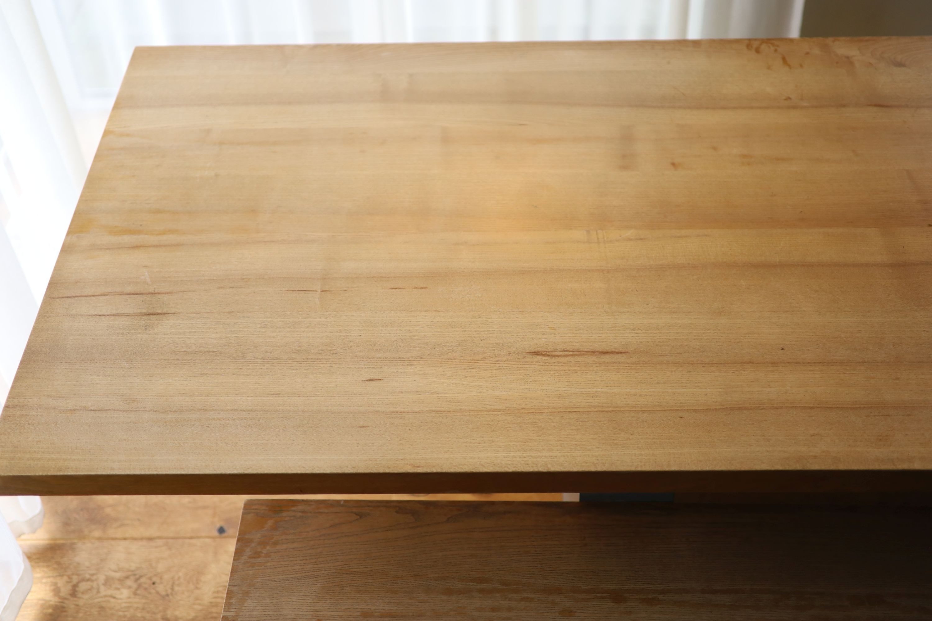 A contemporary oak kitchen table with pair of matching benches and oxidised metal supports, table width 230cm depth 90cm height 74cm, benches width 180cm